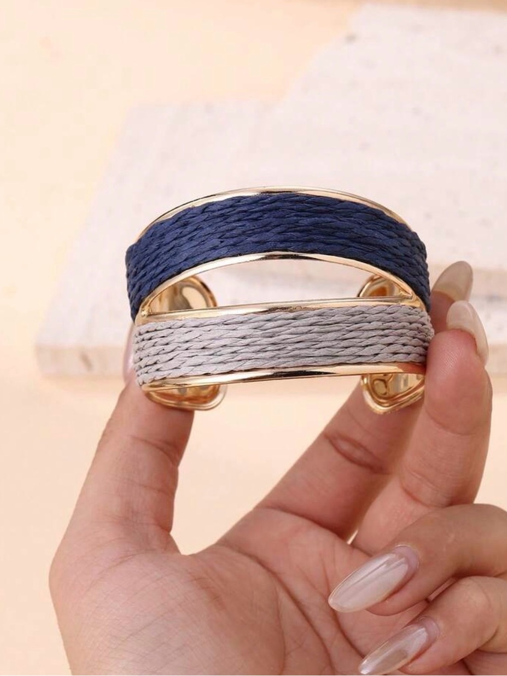 Gold-Tone Navy and Light Blue Woven Cuff Bracelet - Picture 6 of 9